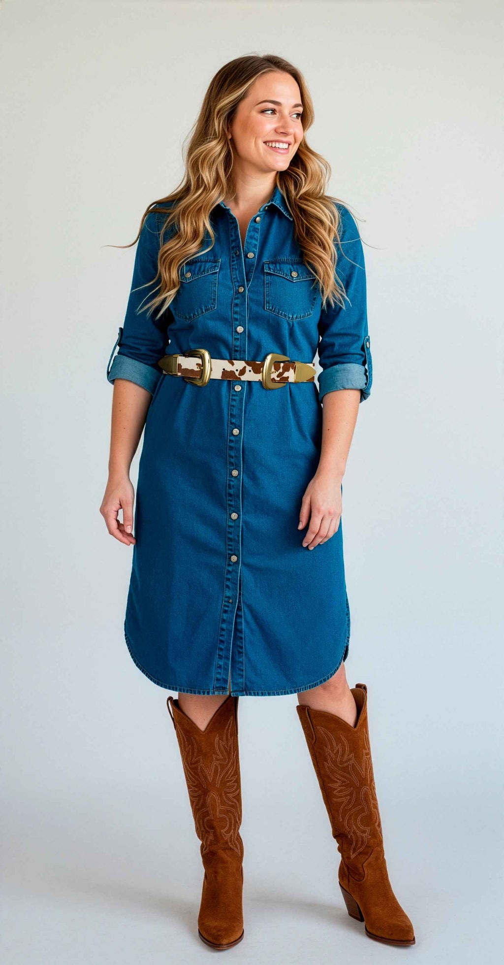 Double Buckle Western Waist Belt in Cow Hair