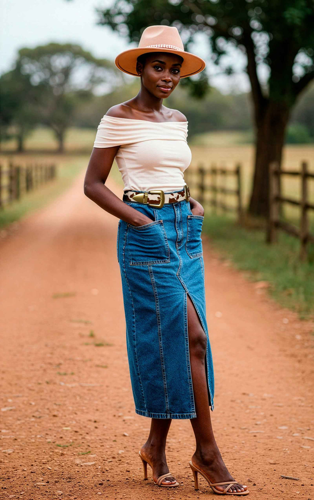 Double Buckle Western Waist Belt in Cow Hair